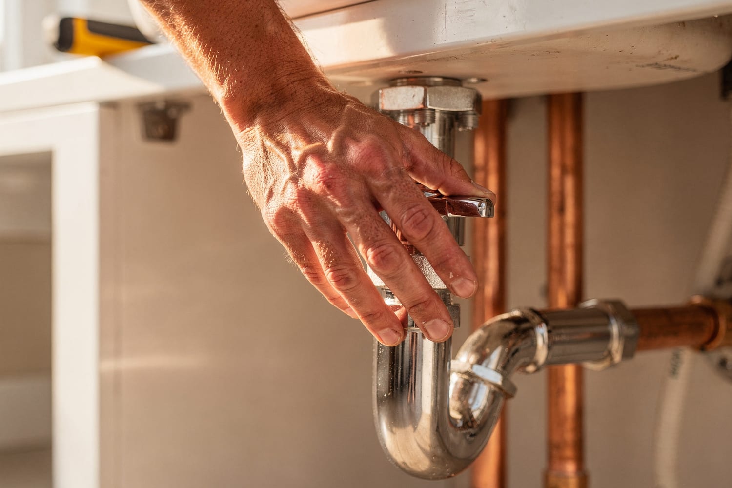 Close detail of a plumber's hand on a chrome shutoff valve beside copper piping