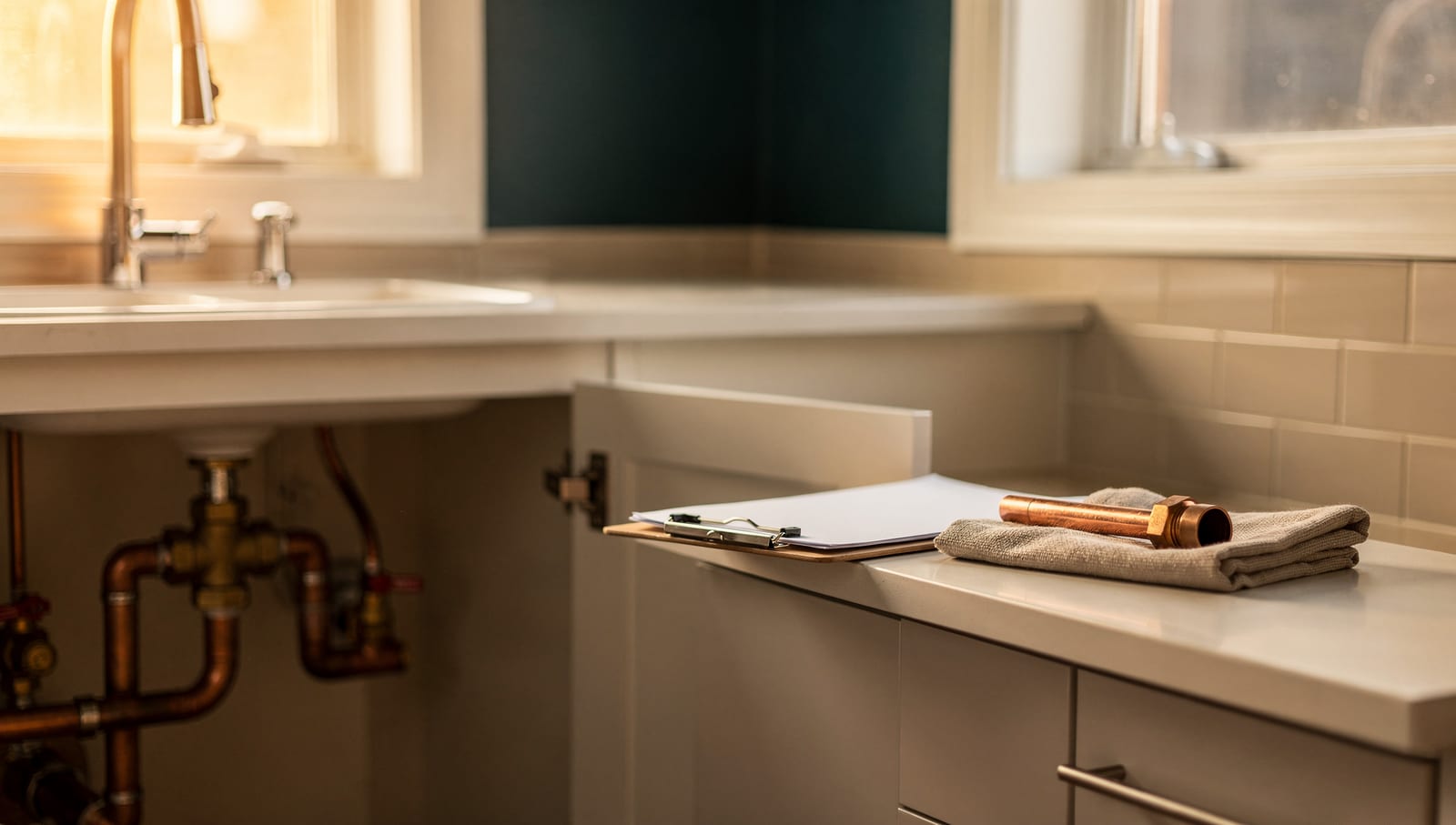 A clipboard and a copper fitting resting on a folded cloth beside a tidy under-sink area
